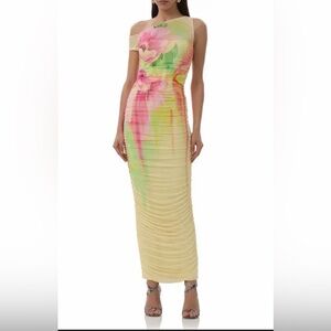 AFRM Biona Mesh Ruched Floral Dress in Cream and Pink